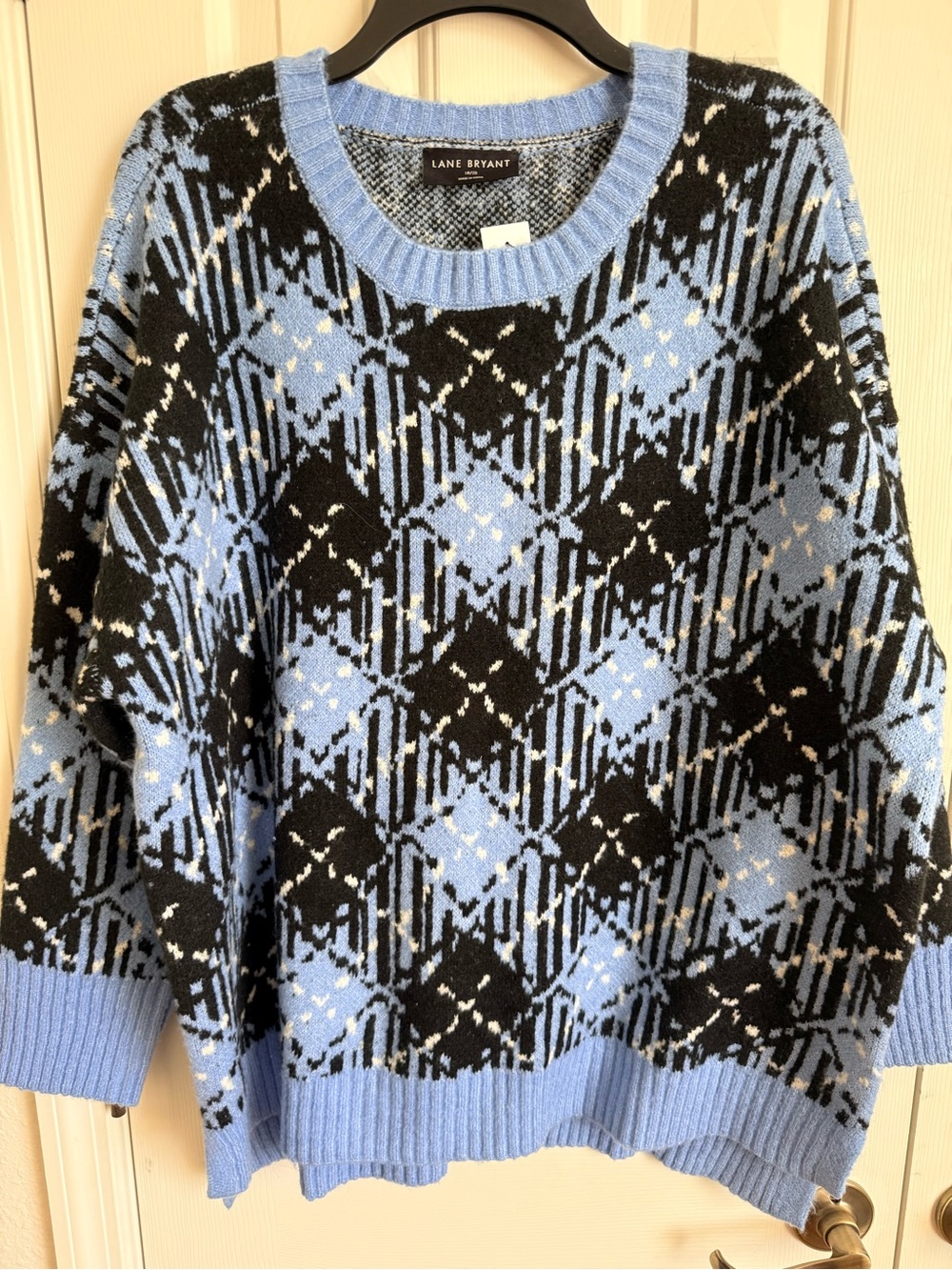 Lane Bryant Black and Light Blue Geometric Crewneck Sweater